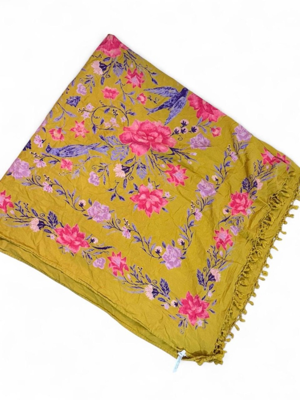 Anthropologie✨ Mustard Floral Quilted Throw with Pink & Purple Blooms